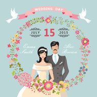 Cute Wedding invitation Floral wreath cartoon bride groom N2