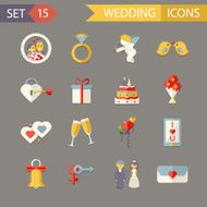 Flat Wedding Symbols Bride Groom Marriage Accessories Icons Set Trendy