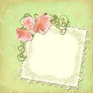 Greeting card with ornate frame pink roses on seamless pattern N2