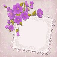 Greeting card with ornate frame purple flowers on seamless pattern N2