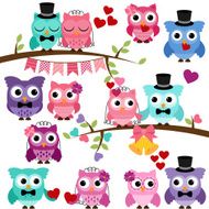 Vector Set of Wedding Themed Owls and Branches N2