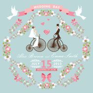 Vintage wedding invitation Floral frame Bride groom retro bike N2