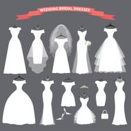 Set of bridal wedding dresses hang on ribbons N2