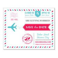 Wedding Invitation Card - Vintage Postcard Airmail Theme