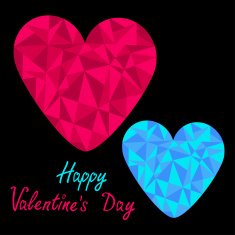Blue and pink hearts Polygonal effect Black background Happy N2