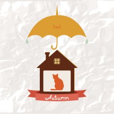 House With Umbrella on Geometric Background
