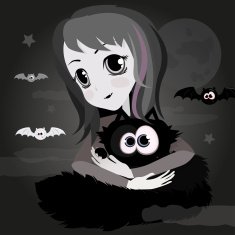 Cute cartoon anime girl with black cat N2