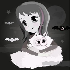 Cute cartoon anime girl with white cat N2