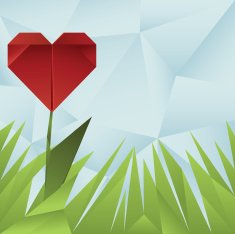 Red origami heart around green grass on blue crumpled background N2