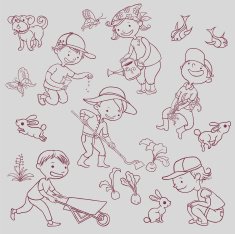 Children Gardening Objects Animals Birds Dog Bunnies N2