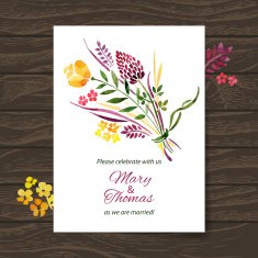 Wedding invitation card with watercolor floral bouquet
