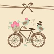 Cute retro wedding or birthday card invitation with bicycle birds N2