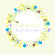 background wildflowers wreath and banner save the date vector illustration