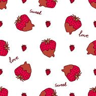 Seamless pattern with doodle heart shaped chocolate covered strawberries N2