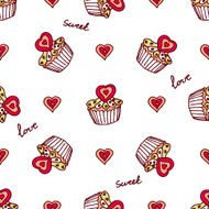 Seamless pattern with doodle heart shaped cookies and cupcakes N2