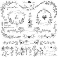 Doodles floral decor set Borders corner elements Outline N2