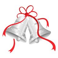 Silver bells with red ribbon bow