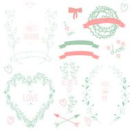 Wedding graphic set arrows hearts laurel wreaths ribbons and labels N9