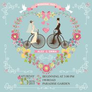 Wedding invitation Bride groom on retro bike floral heart N2