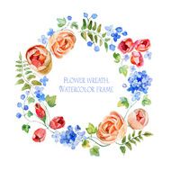 Wreath of flowers Round frame Watercolor