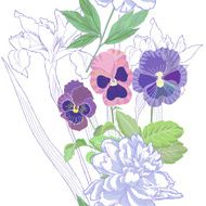 White seamless pattern with peonies and pansy N2