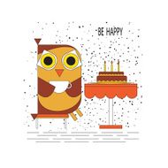 Vector lLine cartoon owl drinking tea with a cake