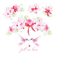 Blooming bouquets birds and bows vector design elements set N2