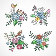 Floral elements with flowers plants leaves birds design greeting cards