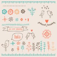 hand drawn romantic set with birds hearts and floral elements