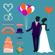 wedding collection with bride groom silhouette and romantic decorative elements N3