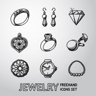 Jewelry monochrome freehand icons set with - rings diamonds watch N2