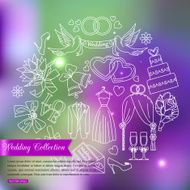 Wedding outline icons set over blurred shining background with place