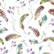 Watercolor floral vintage seamless pattern with feathers N2