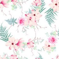 Chinese magnolia roses and fern seamless vector pattern N2