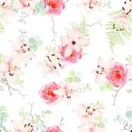 Delicate lilies and roses seamless vector pattern N2