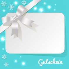 Gift Card with white ribbon on a turquoise background snowflakes N2