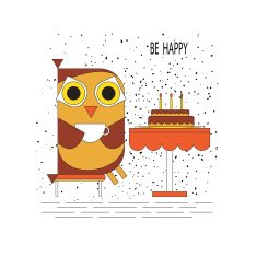 Vector lLine cartoon owl drinking tea with a cake