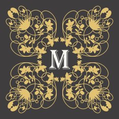 Gold monogram frame with letter m on dark background for