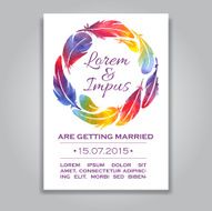 Vector wedding invitation card with watercolor feather wreathe