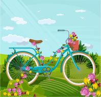 Bicycle with flowers in park Vector flat cartoon illustration