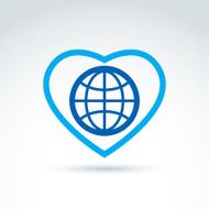 Simple planet icon placed on heart vector globe symbol