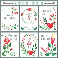 Floral card set with Watercolor Red flowers Holiday vector N2