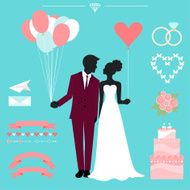 wedding collection with bride groom silhouette and romantic decorative elements N7