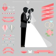 wedding collection with bride groom silhouette and romantic decorative elements N8