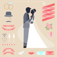 wedding collection with bride groom silhouette and romantic decorative elements N9