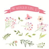 Pink watercolor vector floral set