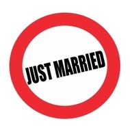 JUST MARRIED black stamp text on white N2