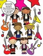 drawing of children next to guitars on a white background