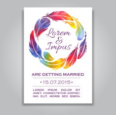 Vector wedding invitation card with watercolor feather wreathe
