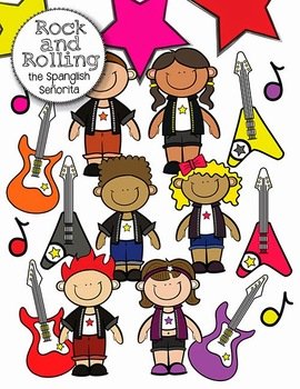drawing of children next to guitars on a white background